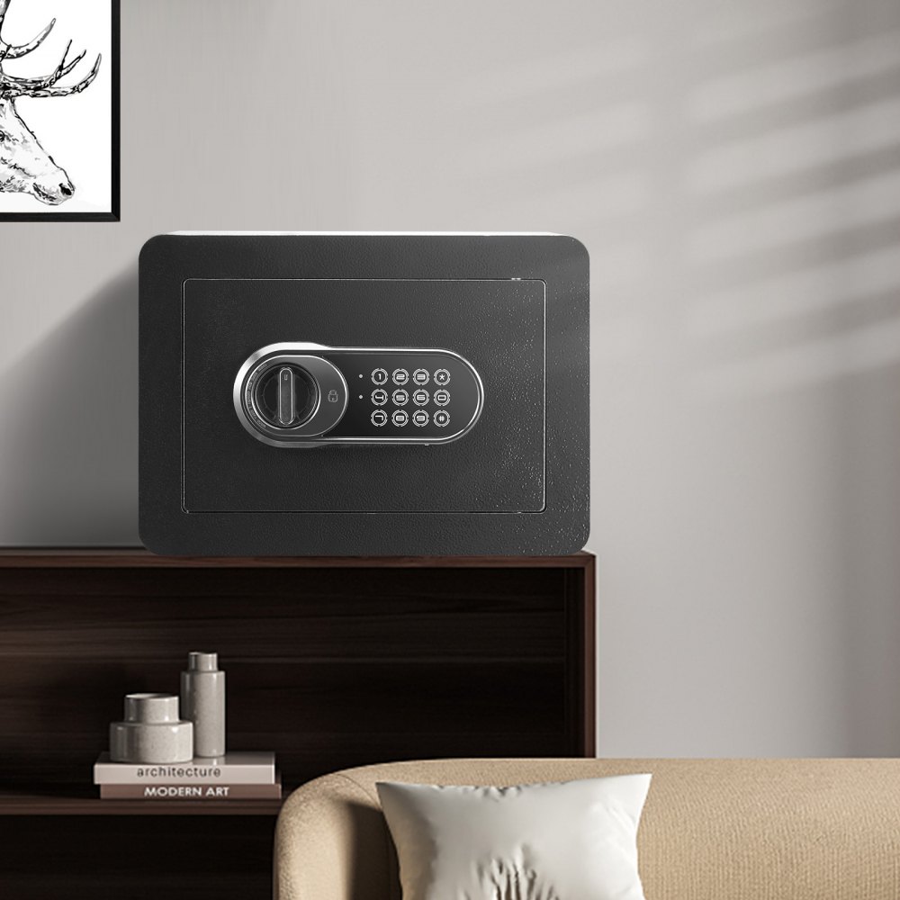 VEVOR safe on wooden shelf, with digital keypad and round handle, in modern living room setting.