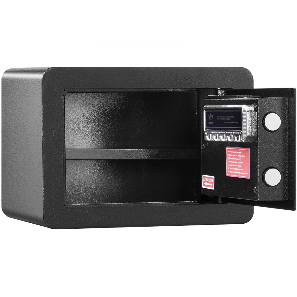 black VEVOR safe with open door, showcasing interior and secure locking mechanism.