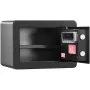 black VEVOR safe with open door, showcasing interior and secure locking mechanism.
