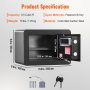 VEVOR safe specifications with dimensions, weight, and key features. includes keys and mounting kit.