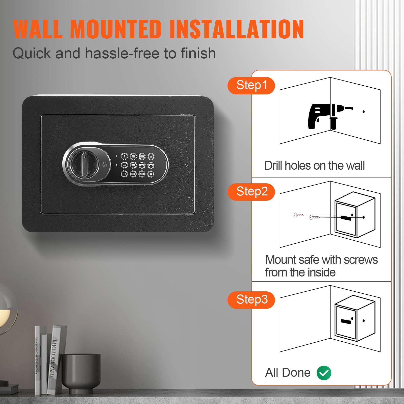 wall mounted VEVOR safe installation steps displayed on a gray background with a modern decor setup.