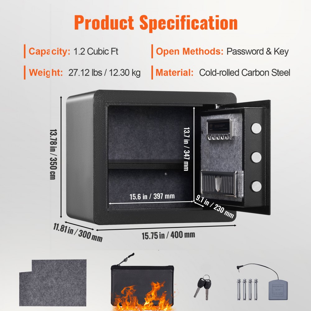 VEVOR home safe, 1.2 cubic ft, cold-rolled carbon steel, password &amp; key, 27.12 lbs, 15.75x11.81x13.78 in