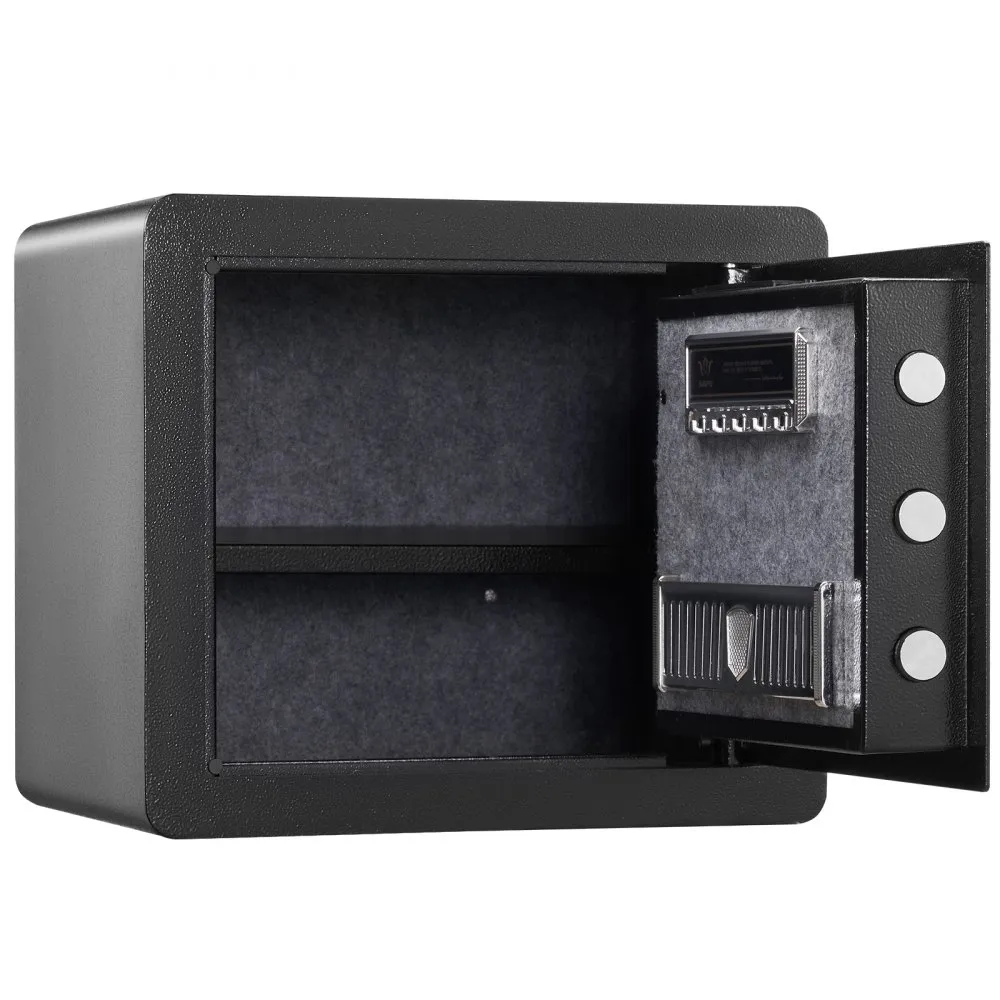 black VEVOR home safe with open door, interior shelves, and secure locking mechanism.