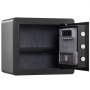 black VEVOR home safe with open door, interior shelves, and secure locking mechanism.