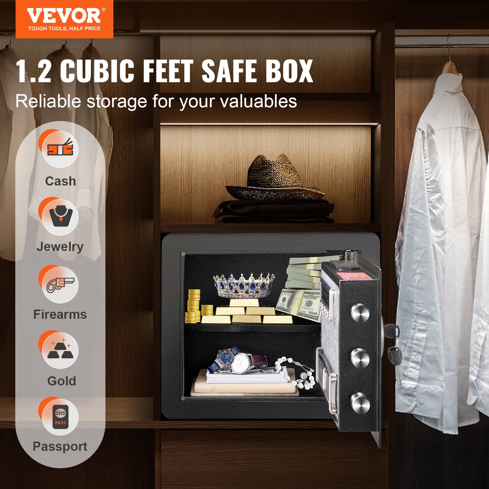 VEVOR home safe showing cash, gold bars, jewelry, passports, and firearms in a closet setting.