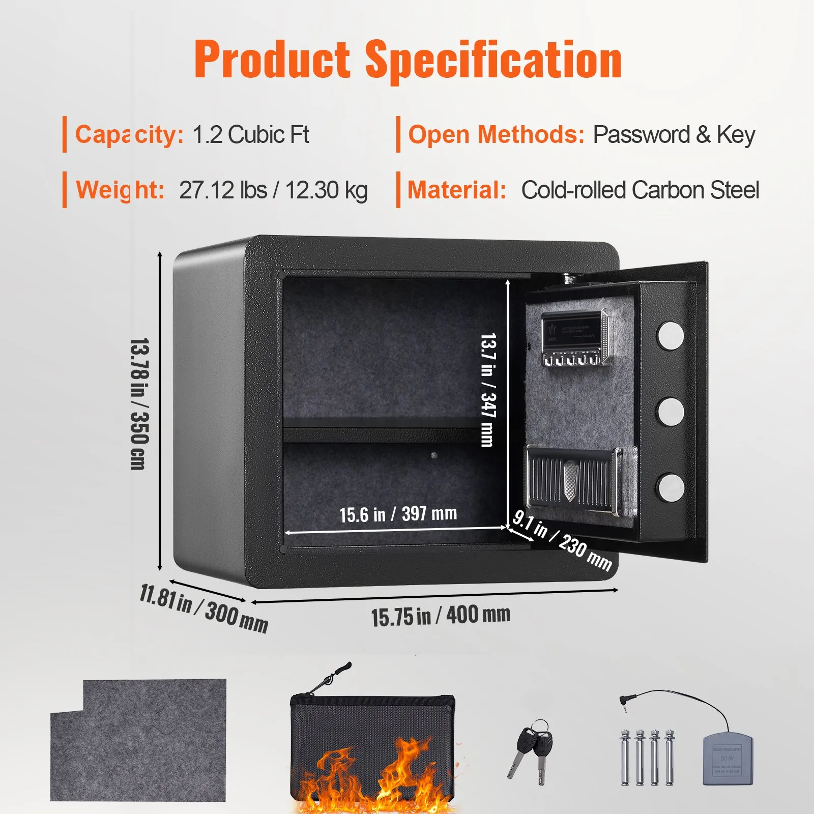 VEVOR home safe, 1.2 cubic ft, cold-rolled carbon steel, password &amp; key, 27.12 lbs, 15.75x11.81x13.78 in