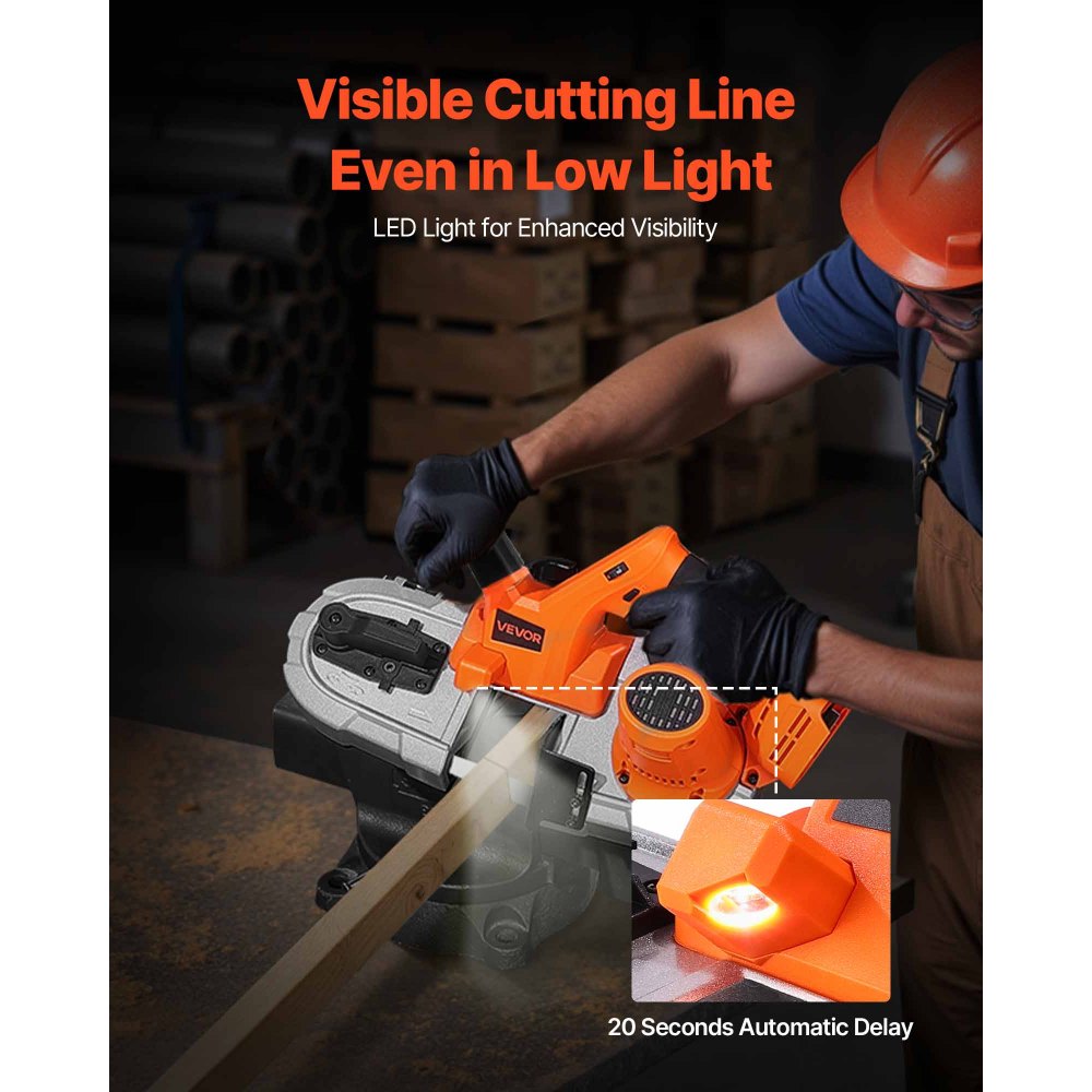 VEVOR 20V Portable Band Saw, 2.56-Inch Deep Cut, 360W Bandsaw with Brushless Motor, Cordless and Compact Portaband, Hang Hooks, 0-192 m/min Variable Speed, for Cutting Metal, Wood (Bare Tool Only)