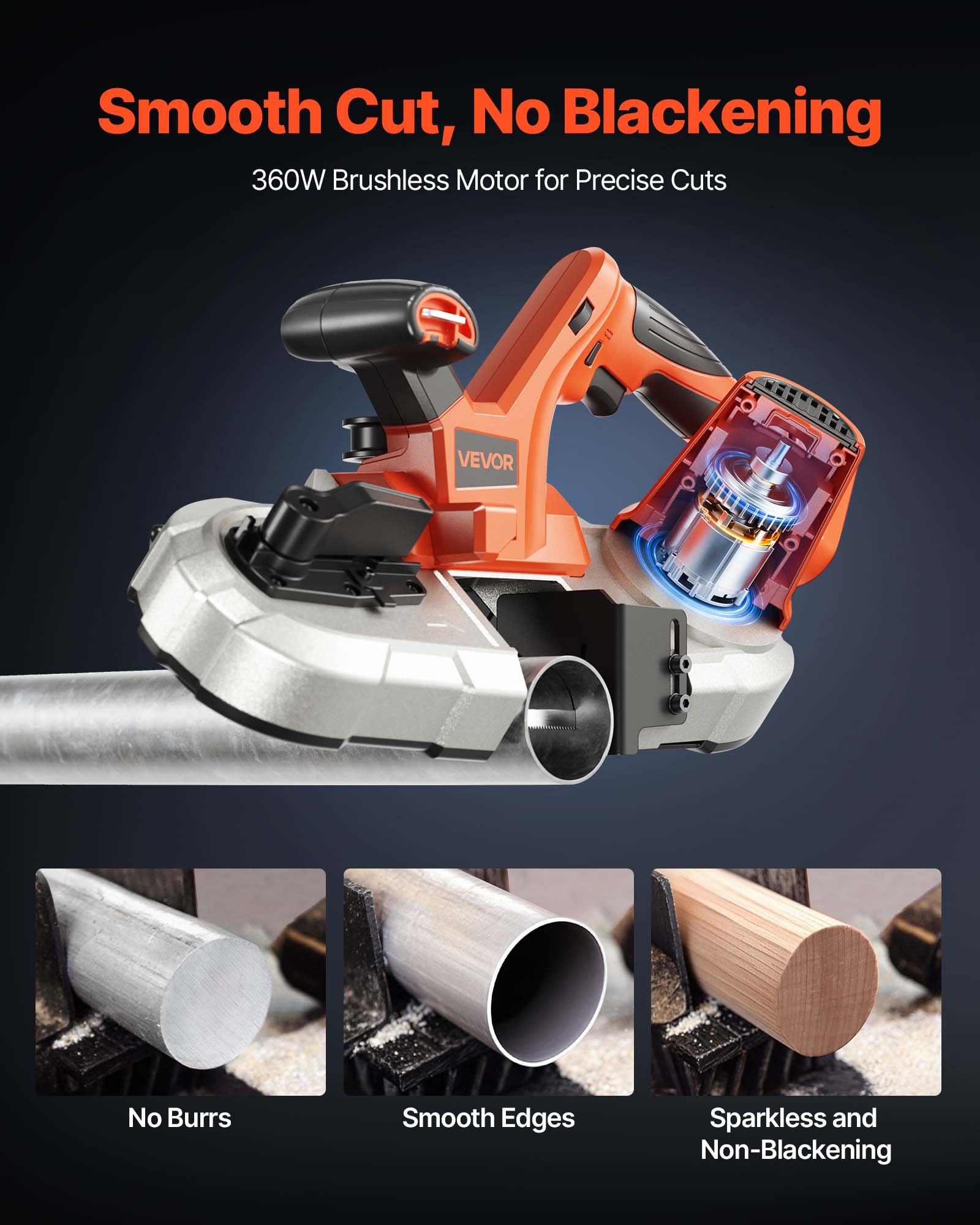 VEVOR 20V Portable Band Saw, 2.56-Inch Deep Cut, 360W Bandsaw with Brushless Motor, Cordless and Compact Portaband, Hang Hooks, 0-192 m/min Variable Speed, for Cutting Metal, Wood (Bare Tool Only)