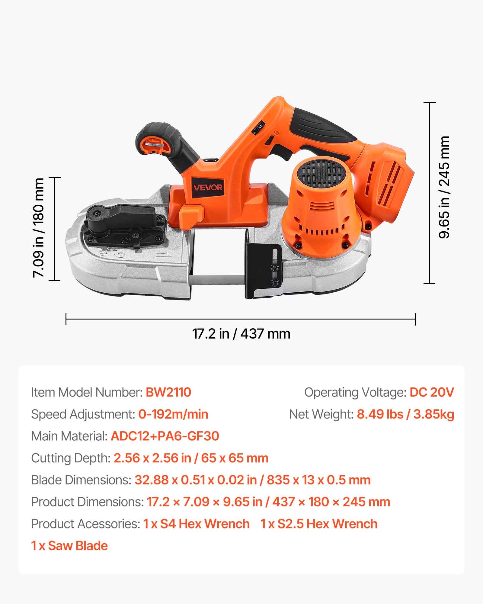 VEVOR 20V Portable Band Saw, 2.56-Inch Deep Cut, 360W Bandsaw with Brushless Motor, Cordless and Compact Portaband, Hang Hooks, 0-192 m/min Variable Speed, for Cutting Metal, Wood (Bare Tool Only)