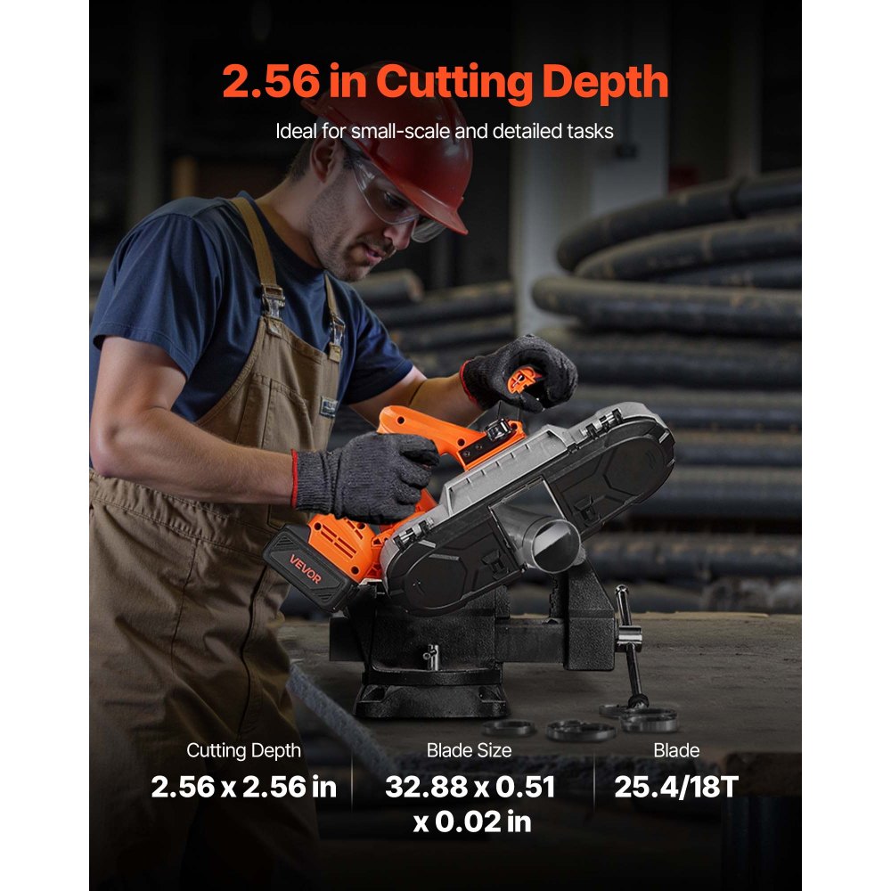 VEVOR 20V Portable Band Saw Kit, 65 x 65 mm Cutting Depth, AC 220V, 360W Bandsaw with Brushless Motor, 4.0 Ah Battery, Cordless and Compact Portaband, 0-192 m/min Variable Speed, for Cutting Metal, Wood