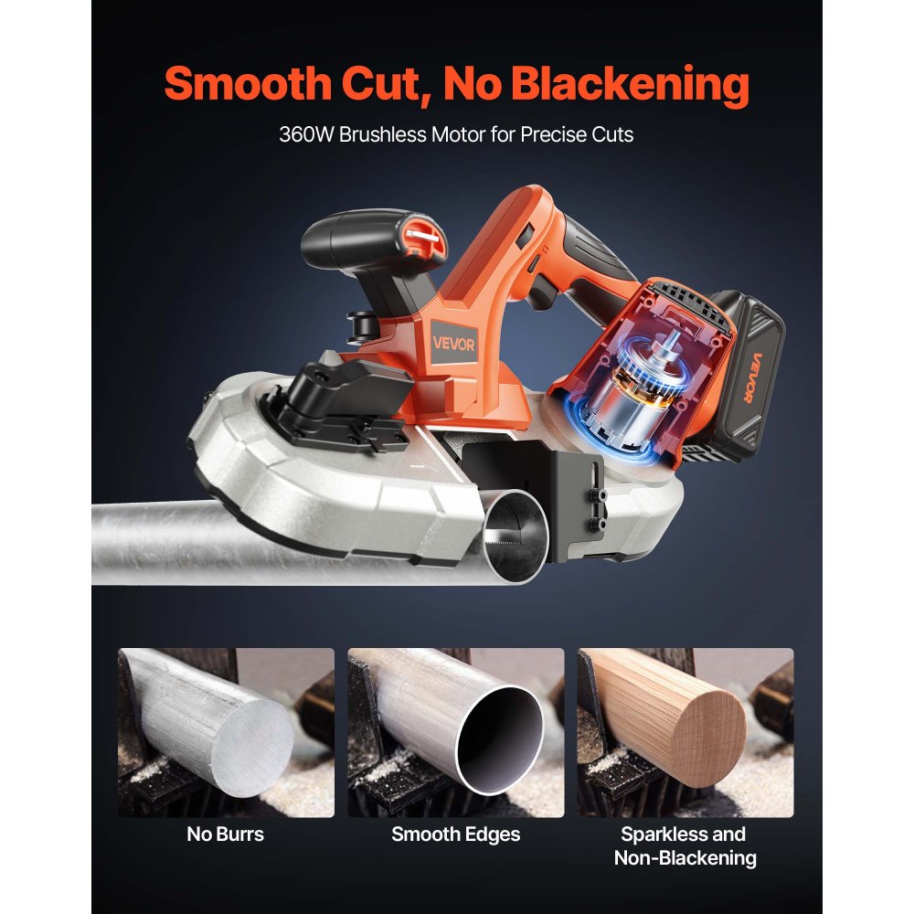 VEVOR 20V Portable Band Saw Kit, 65 x 65 mm Cutting Depth, AC 220V, 360W Bandsaw with Brushless Motor, 4.0 Ah Battery, Cordless and Compact Portaband, 0-192 m/min Variable Speed, for Cutting Metal, Wood