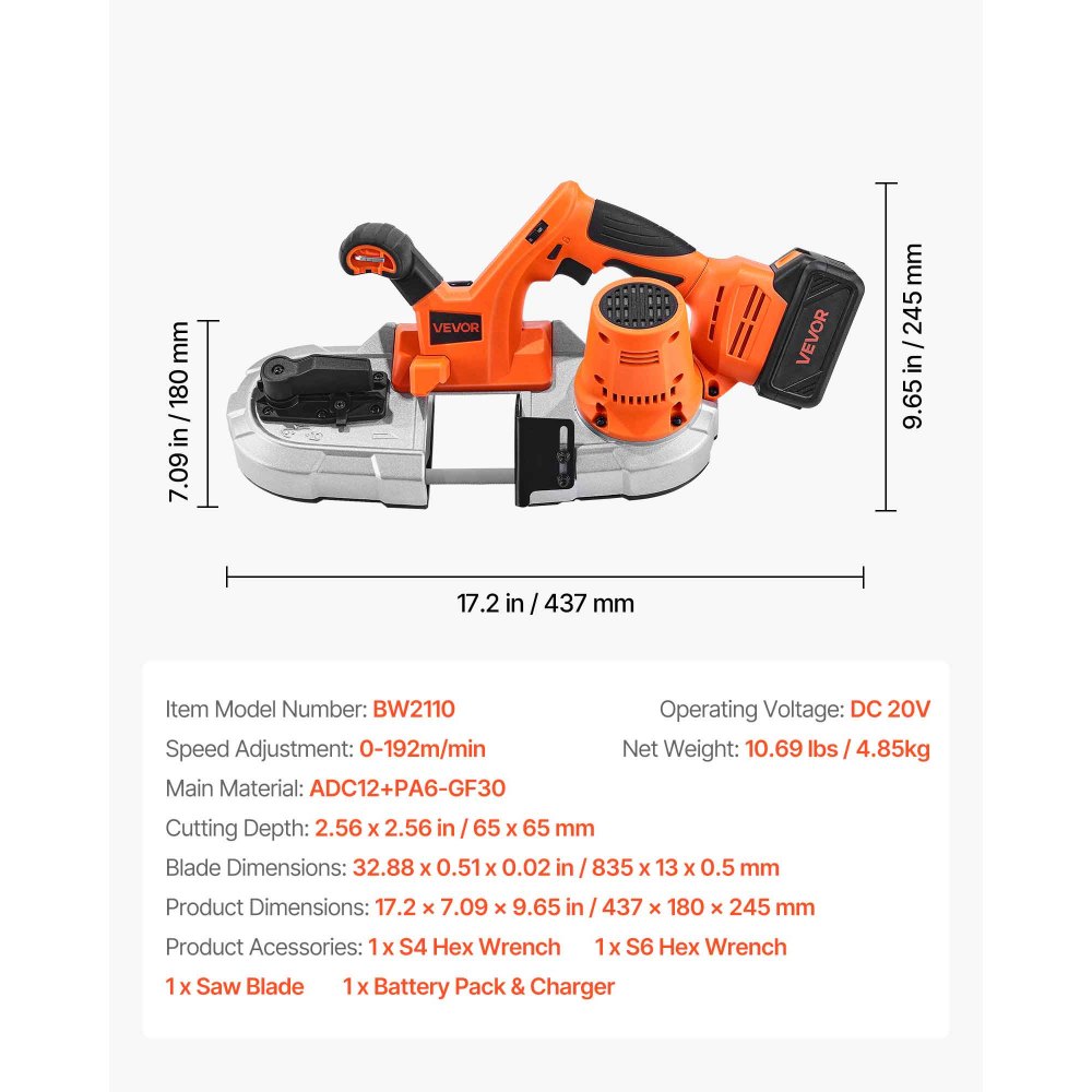 VEVOR 20V Portable Band Saw Kit, 65 x 65 mm Cutting Depth, AC 220V, 360W Bandsaw with Brushless Motor, 4.0 Ah Battery, Cordless and Compact Portaband, 0-192 m/min Variable Speed, for Cutting Metal, Wood