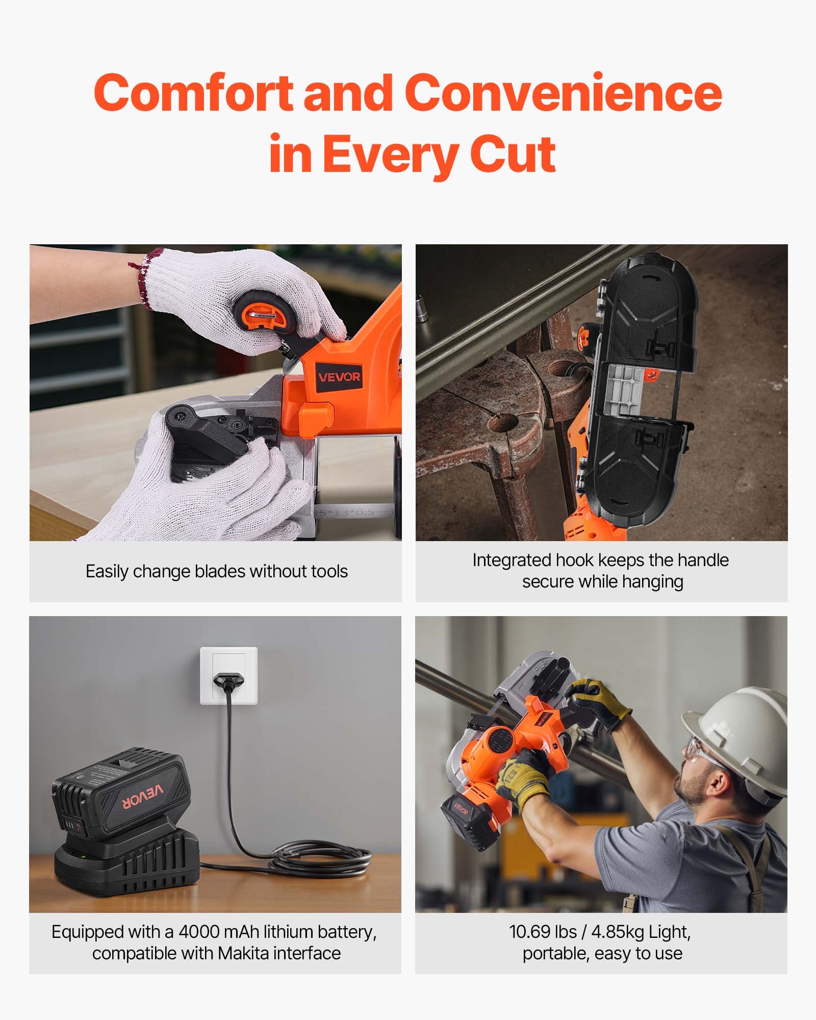 VEVOR 20V Portable Band Saw Kit, 65 x 65 mm Cutting Depth, AC 220V, 360W Bandsaw with Brushless Motor, 4.0 Ah Battery, Cordless and Compact Portaband, 0-192 m/min Variable Speed, for Cutting Metal, Wood