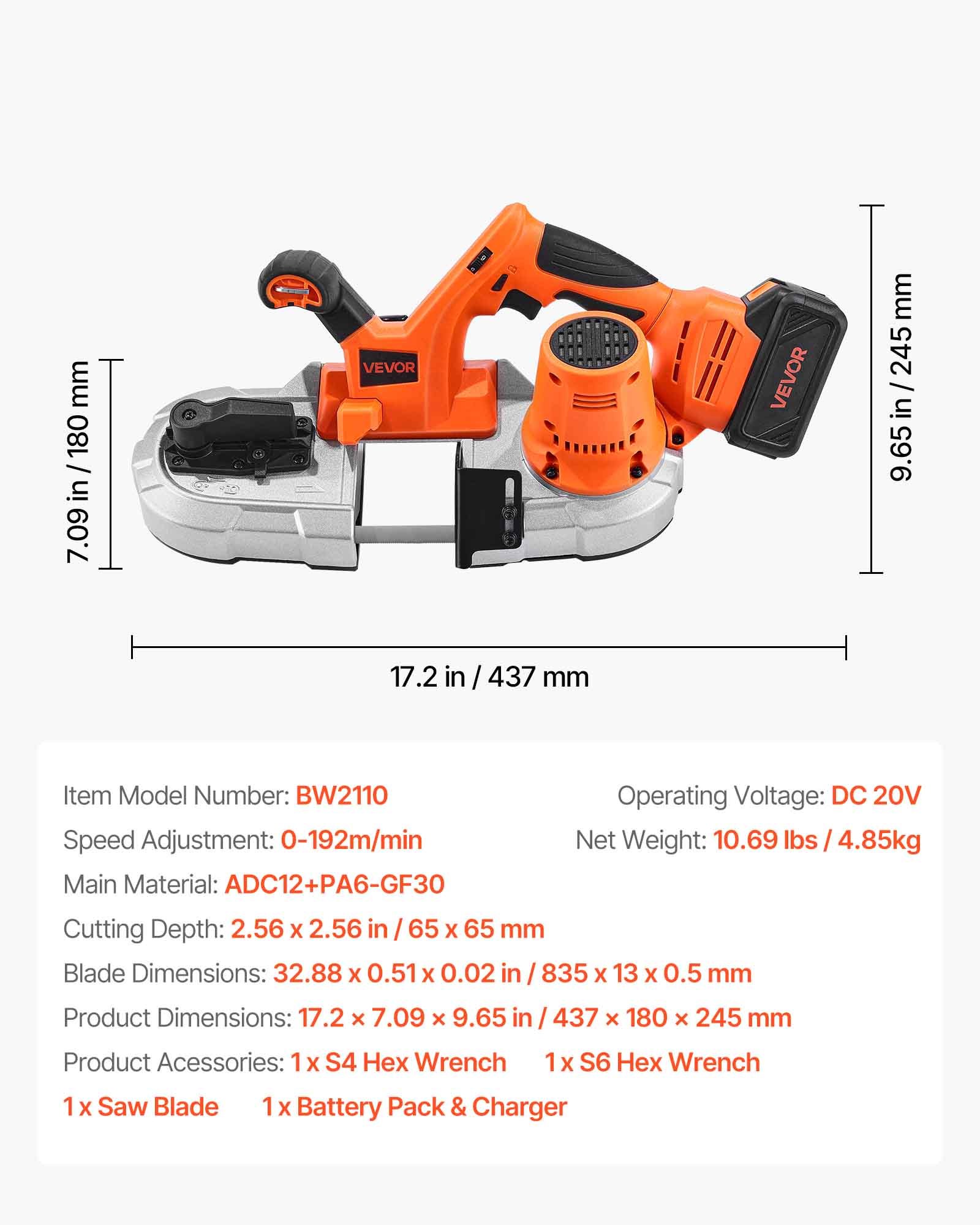 VEVOR 20V Portable Band Saw Kit, 65 x 65 mm Cutting Depth, AC 220V, 360W Bandsaw with Brushless Motor, 4.0 Ah Battery, Cordless and Compact Portaband, 0-192 m/min Variable Speed, for Cutting Metal, Wood