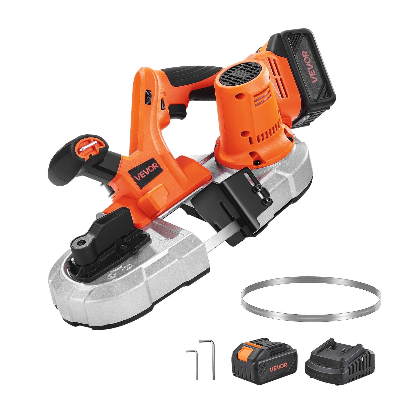 VEVOR 20V Portable Band Saw Kit, 65 x 65 mm Cutting Depth, AC 220V, 360W Bandsaw with Brushless Motor, 4.0 Ah Battery, Cordless and Compact Portaband, 0-192 m/min Variable Speed, for Cutting Metal, Wood