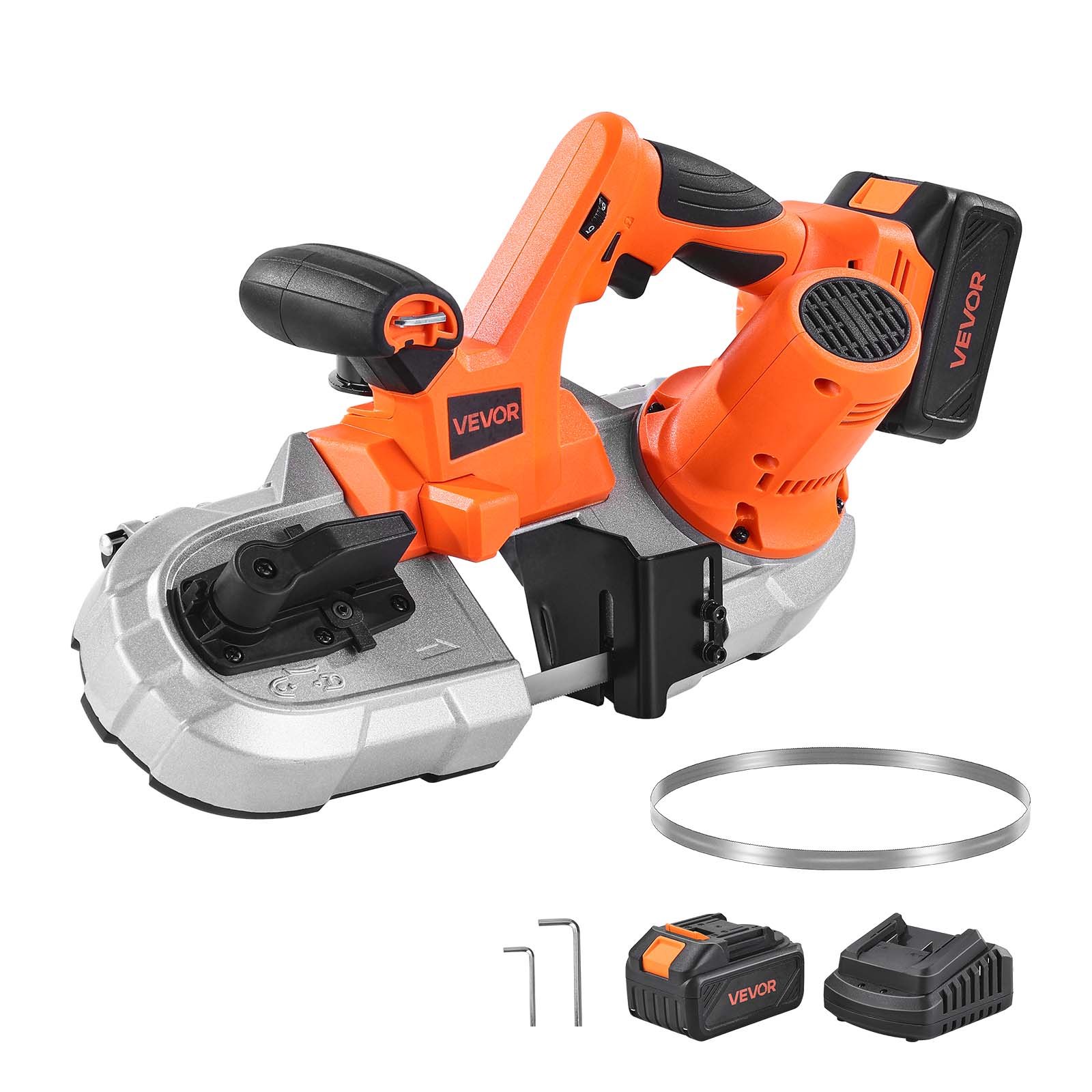 VEVOR 20V Portable Band Saw Kit, 65 x 65 mm Cutting Depth, AC 220V, 360W Bandsaw with Brushless Motor, 4.0 Ah Battery, Cordless and Compact Portaband, 0-192 m/min Variable Speed, for Cutting Metal, Wood