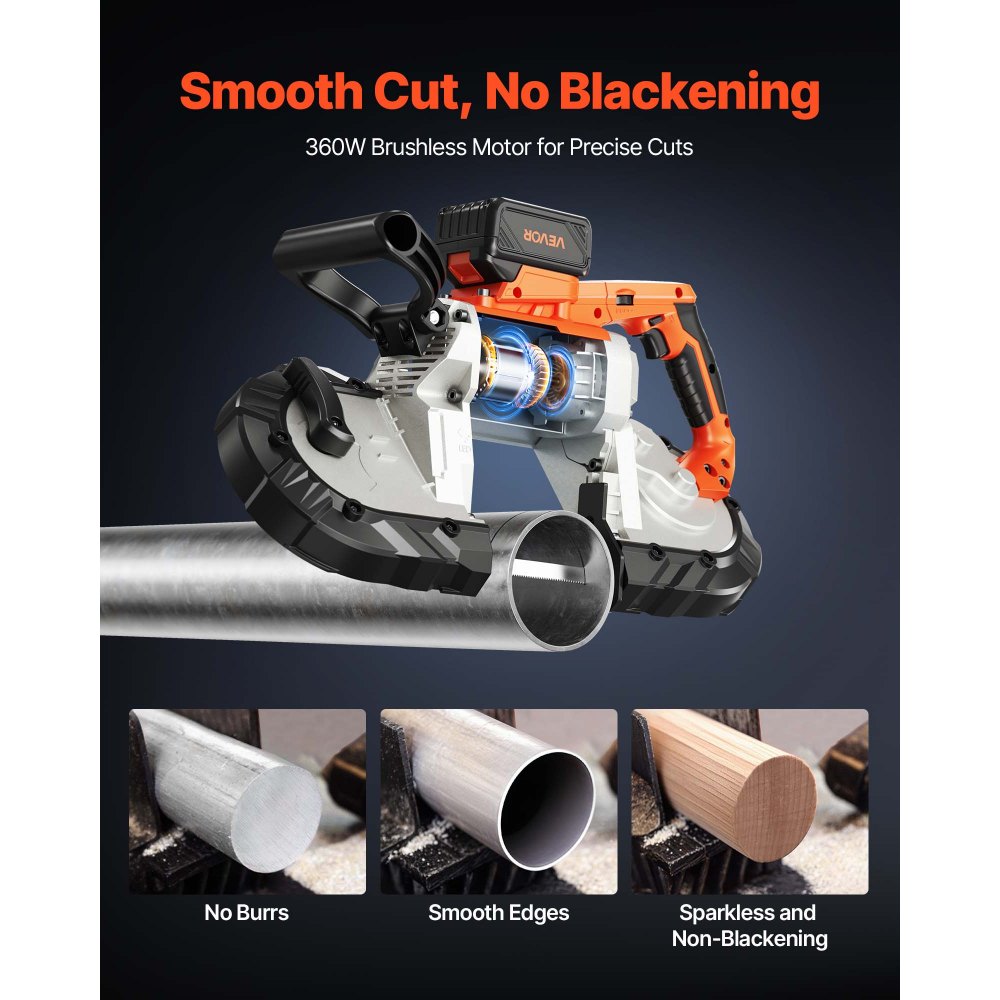 VEVOR 20V Portable Band Saw Kit, 127 mm x 115 mm Cutting Depth, AC 220V, 360W Bandsaw with Brushless Motor, 4.0 Ah Battery, Cordless and Compact Portaband, 0-120 m/min Variable Speed, for Cutting Metal, Wood