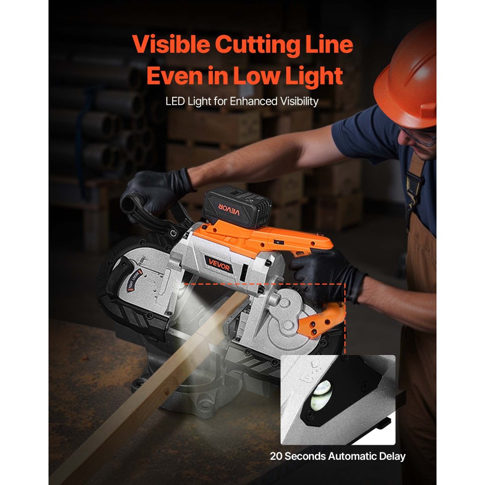 VEVOR 20V Portable Band Saw Kit, 127 mm x 115 mm Cutting Depth, AC 220V, 360W Bandsaw with Brushless Motor, 4.0 Ah Battery, Cordless and Compact Portaband, 0-120 m/min Variable Speed, for Cutting Metal, Wood