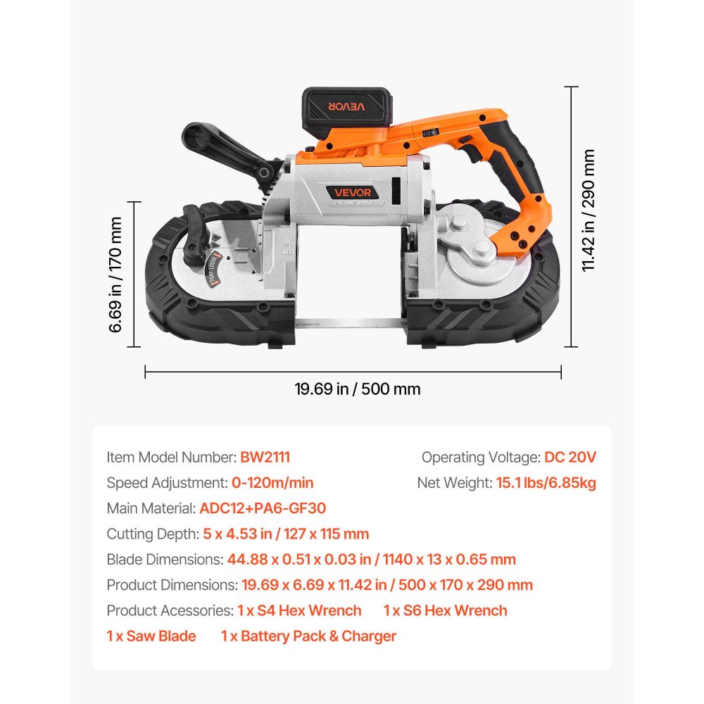 VEVOR 20V Portable Band Saw Kit, 127 mm x 115 mm Cutting Depth, AC 220V, 360W Bandsaw with Brushless Motor, 4.0 Ah Battery, Cordless and Compact Portaband, 0-120 m/min Variable Speed, for Cutting Metal, Wood