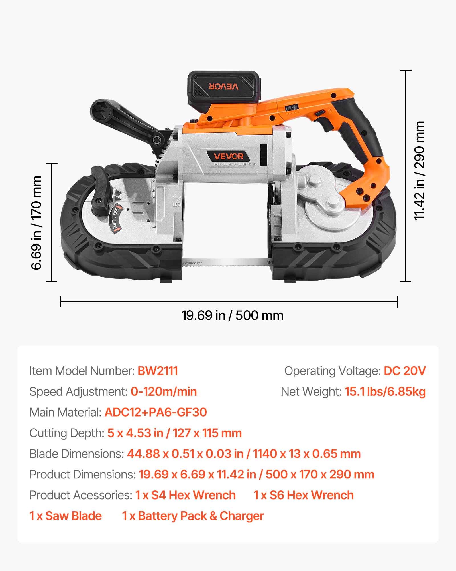 VEVOR 20V Portable Band Saw Kit, 127 mm x 115 mm Cutting Depth, AC 220V, 360W Bandsaw with Brushless Motor, 4.0 Ah Battery, Cordless and Compact Portaband, 0-120 m/min Variable Speed, for Cutting Metal, Wood