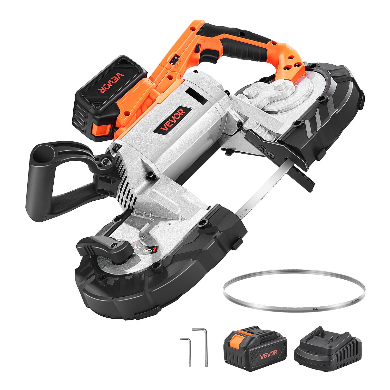 VEVOR 20V Portable Band Saw Kit, 127 mm x 115 mm Cutting Depth, AC 220V, 360W Bandsaw with Brushless Motor, 4.0 Ah Battery, Cordless and Compact Portaband, 0-120 m/min Variable Speed, for Cutting Metal, Wood