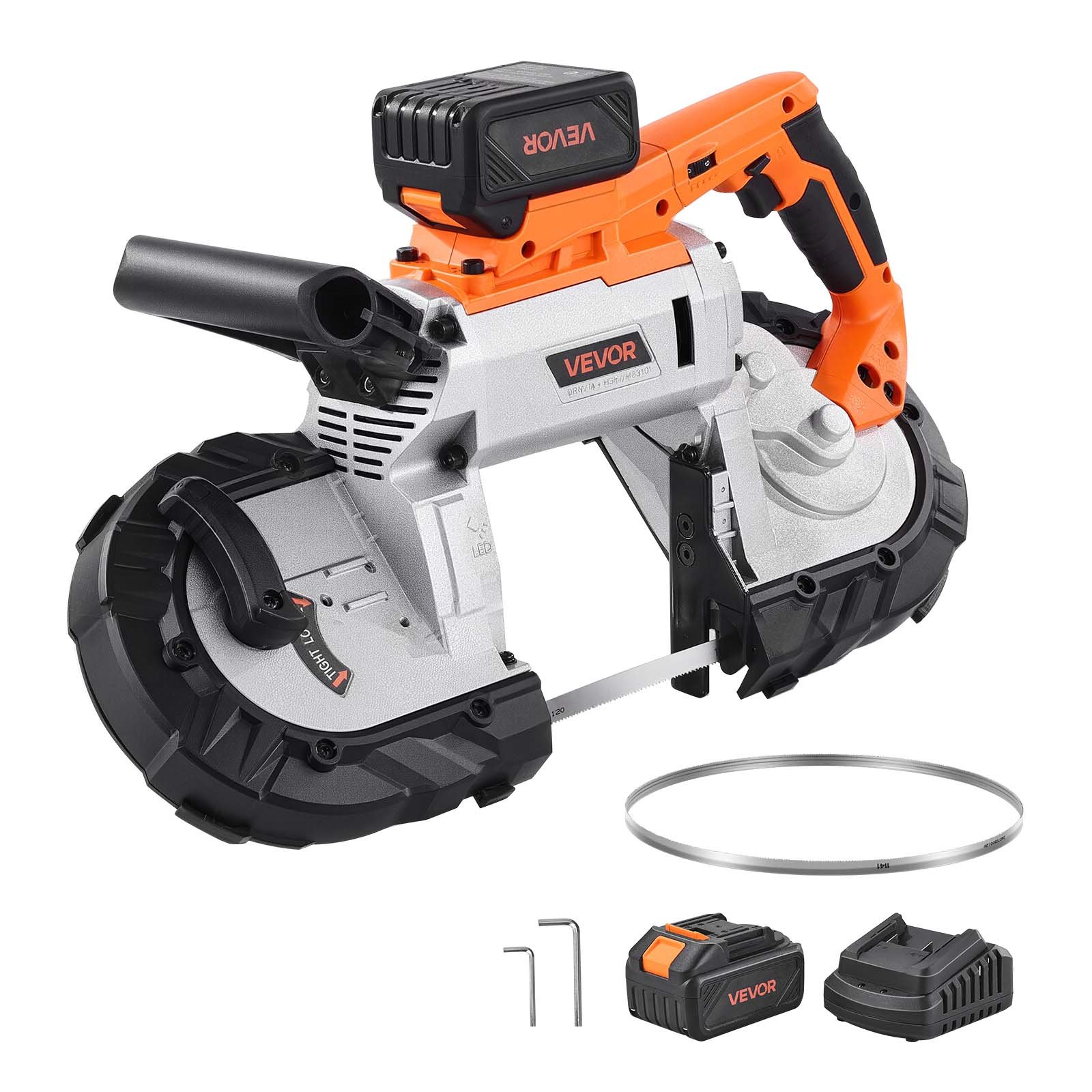 VEVOR 20V Portable Band Saw Kit, 127 mm x 115 mm Cutting Depth, AC 220V, 360W Bandsaw with Brushless Motor, 4.0 Ah Battery, Cordless and Compact Portaband, 0-120 m/min Variable Speed, for Cutting Metal, Wood