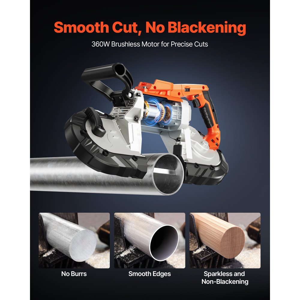 VEVOR Portable Band Saw, 5 Inches Deep Cut, 360W Bandsaw with Brushless Motor, Cordless and Compact Portaband, Hang Hooks, 0-192 m/min Variable Speed, for Cutting Metal, Wood (Bare Tool Only)