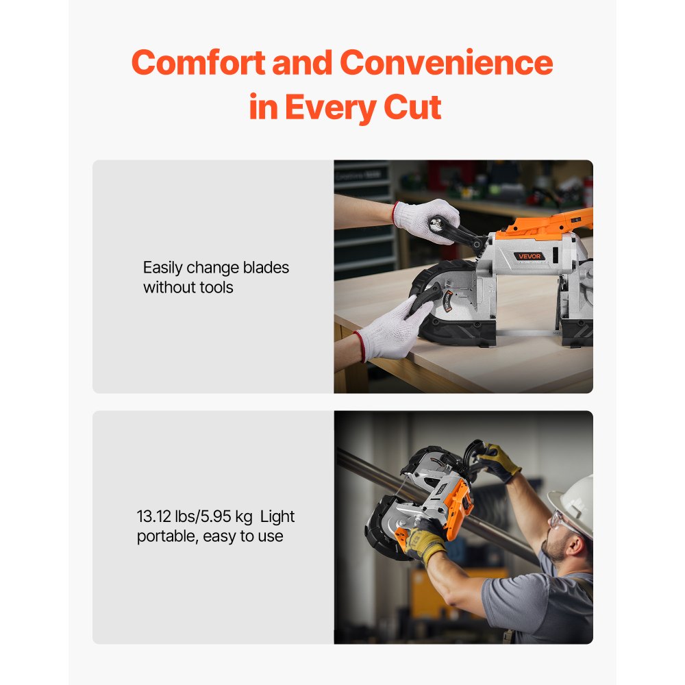 VEVOR Portable Band Saw, 127 mm x 115 mm Cutting Depth, 360W Bandsaw with Brushless Motor, Cordless and Compact Portaband, Hang Hooks, 0-120 m/min Variable Speed for Cutting Metal, Wood (Bare Tool Only)