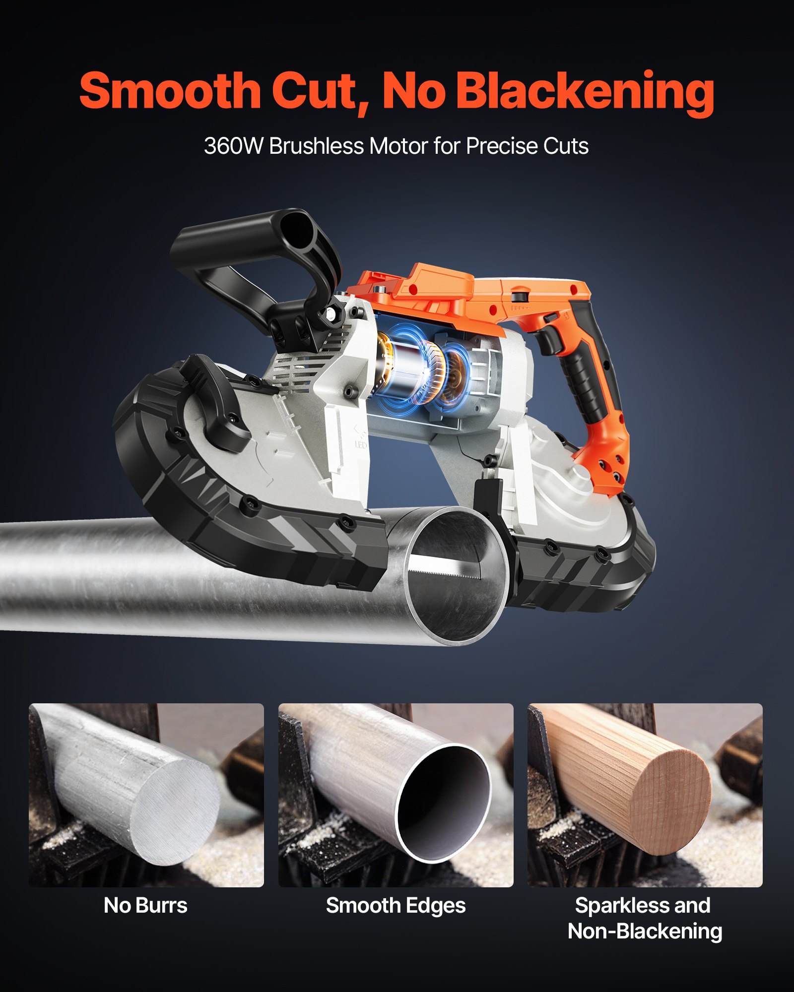 VEVOR Portable Band Saw, 5 Inches Deep Cut, 360W Bandsaw with Brushless Motor, Cordless and Compact Portaband, Hang Hooks, 0-192 m/min Variable Speed, for Cutting Metal, Wood (Bare Tool Only)