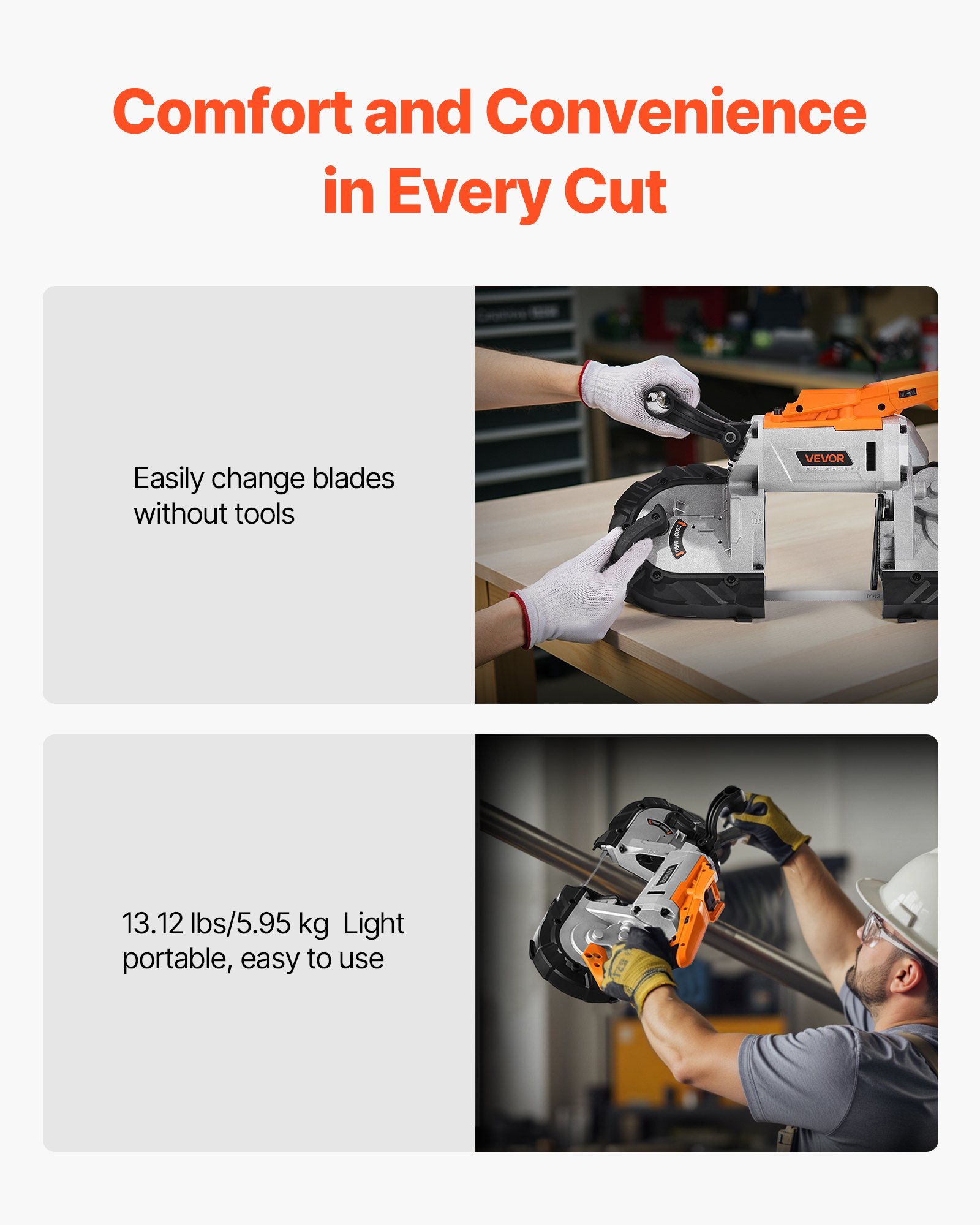 VEVOR Portable Band Saw, 5 Inches Deep Cut, 360W Bandsaw with Brushless Motor, Cordless and Compact Portaband, Hang Hooks, 0-192 m/min Variable Speed, for Cutting Metal, Wood (Bare Tool Only)