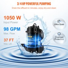VEVOR Sewage Pump, 3/4 HP 5880 GPH 1050W, Submersible Cast Iron Ejector, with 2" Discharge and 10 ft Piggy-back Automatic Tether Float Switch,  for Septic Tank, Basement, Residential Sewer Effluent