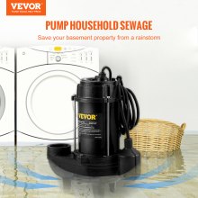 VEVOR Sewage Pump, 3/4 HP 5880 GPH 1050W, Submersible Cast Iron Ejector, with 2" Discharge and 10 ft Piggy-back Automatic Tether Float Switch,  for Septic Tank, Basement, Residential Sewer Effluent
