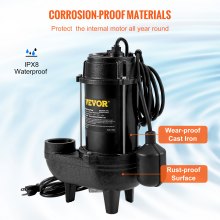 VEVOR Sewage Pump, 3/4 HP 5880 GPH 1050W, Submersible Cast Iron Ejector, with 2" Discharge and 10 ft Piggy-back Automatic Tether Float Switch,  for Septic Tank, Basement, Residential Sewer Effluent