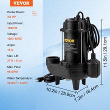 VEVOR Sewage Pump, 3/4 HP 5880 GPH 1050W, Submersible Cast Iron Ejector, with 2" Discharge and 10 ft Piggy-back Automatic Tether Float Switch,  for Septic Tank, Basement, Residential Sewer Effluent