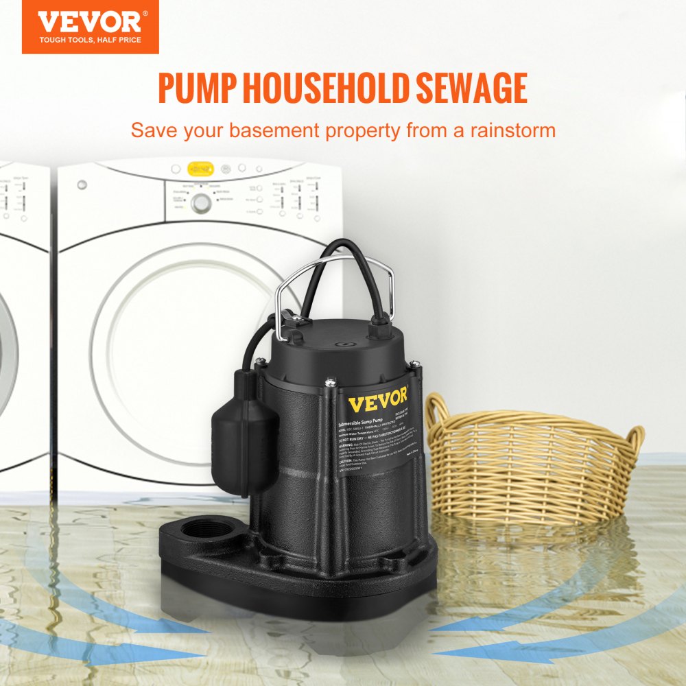 VEVOR Sump Pump, 1/2 HP 3960 GPH, Submersible Cast Iron Water Pump, 1-1/2" NPT Discharge With 33 ft Power Cord, Automatic Float Switch with Piggy-back Plug, for Indoor Basement Water Basin