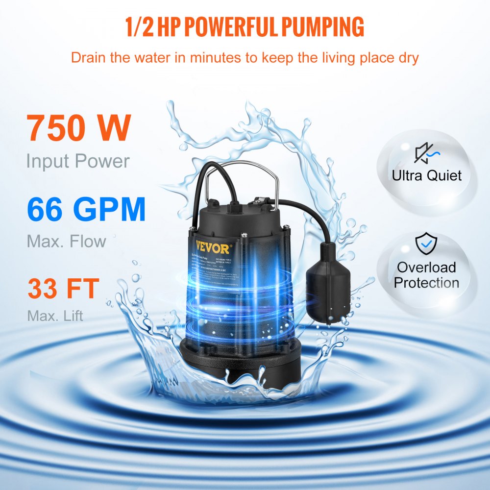 VEVOR Sump Pump, 1/2 HP 3960 GPH, Submersible Cast Iron Water Pump, 1-1/2" NPT Discharge With 33 ft Power Cord, Automatic Float Switch with Piggy-back Plug, for Indoor Basement Water Basin