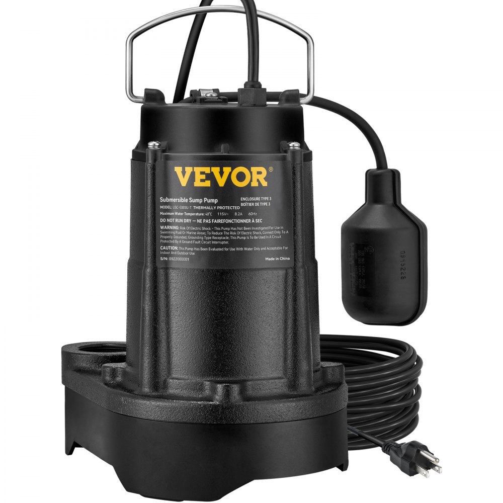 VEVOR sump pump, black submersible model, with corded float switch and plug, ready for installation.