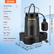 VEVOR Sump Pump, 1/2 HP 3960 GPH, Submersible Cast Iron Water Pump, 1-1/2" NPT Discharge With 33 ft Power Cord, Automatic Float Switch with Piggy-back Plug, for Indoor Basement Water Basin