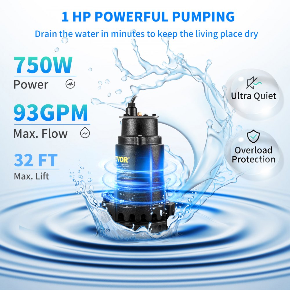 VEVOR Submersible Sump Pump Water Pump 0.5/0.75/1/1.5 HP 66/72/93/98/100GPM Flow