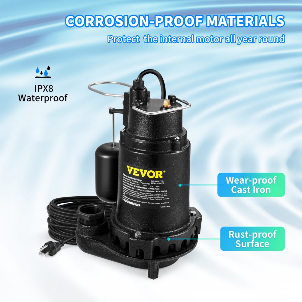 VEVOR Submersible Sump Pump Water Pump 0.5/0.75/1/1.5 HP 66/72/93/98/100GPM Flow