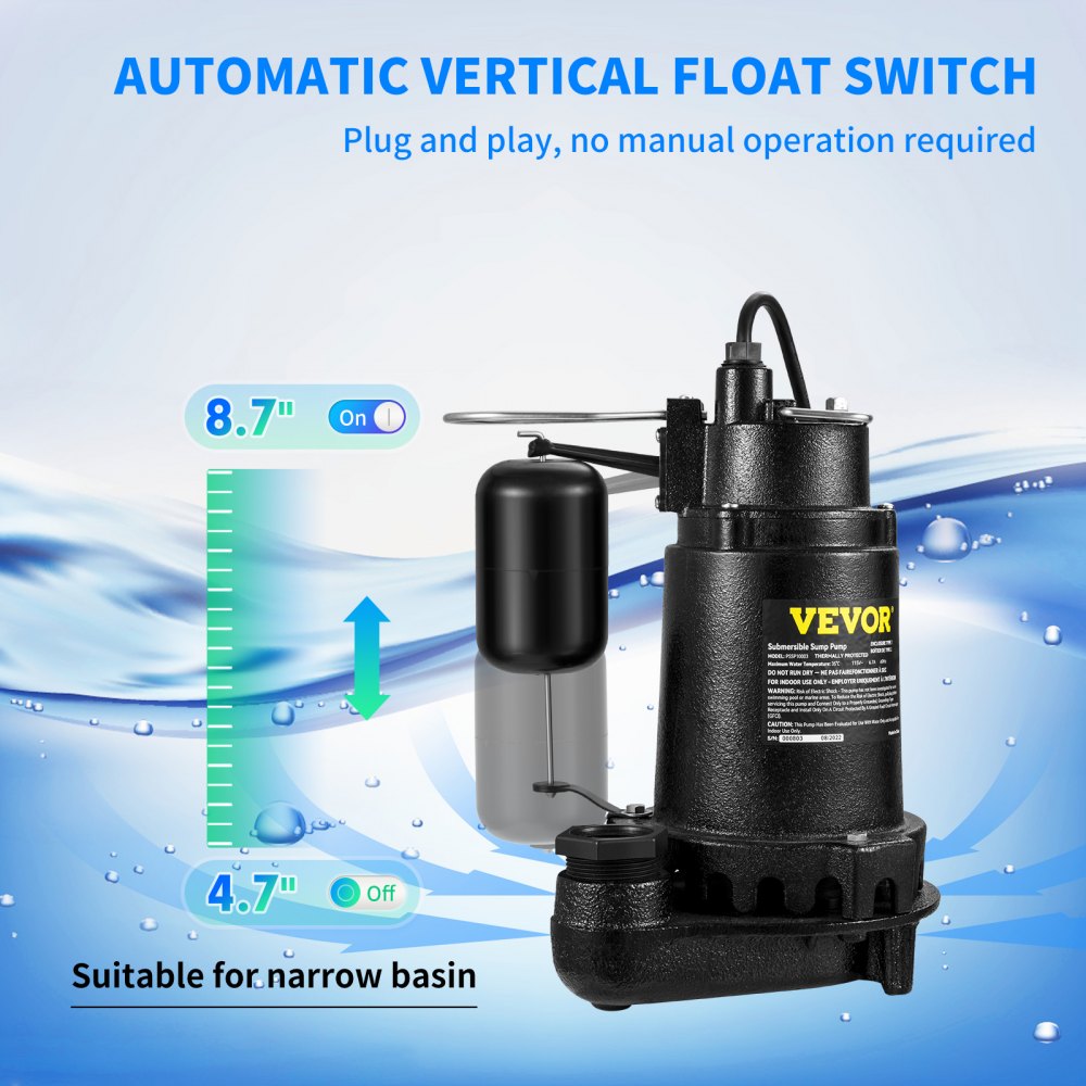VEVOR Submersible Sump Pump Water Pump 0.5/0.75/1/1.5 HP 66/72/93/98/100GPM Flow