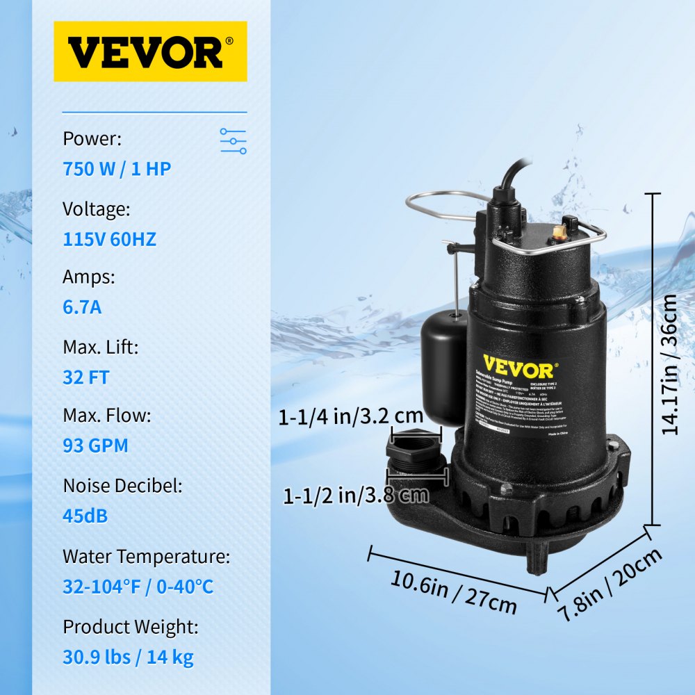 VEVOR Submersible Sump Pump Water Pump 0.5/0.75/1/1.5 HP 66/72/93/98/100GPM Flow