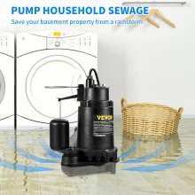 VEVOR 1HP Sewage Pump, 5600 GPH Cast Iron Submersible Sump Pump with Automatic Snap-action Float Switch, Heavy-Duty Submersible Sewage, Basement Tested to CSA Standards
