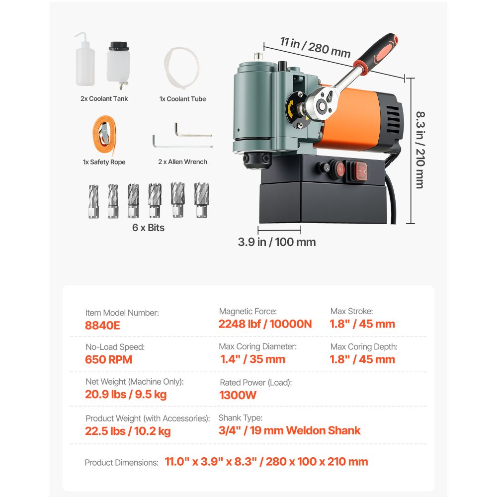 VEVOR Low Profile Magnetic Drill Press, 1300 W, 35 mm Boring Diameter, 10000N Power Portable Mag Drill Press, 650RPM Speed, with Weldon Shank, for Metal Surface, Industrial and Home Improvement