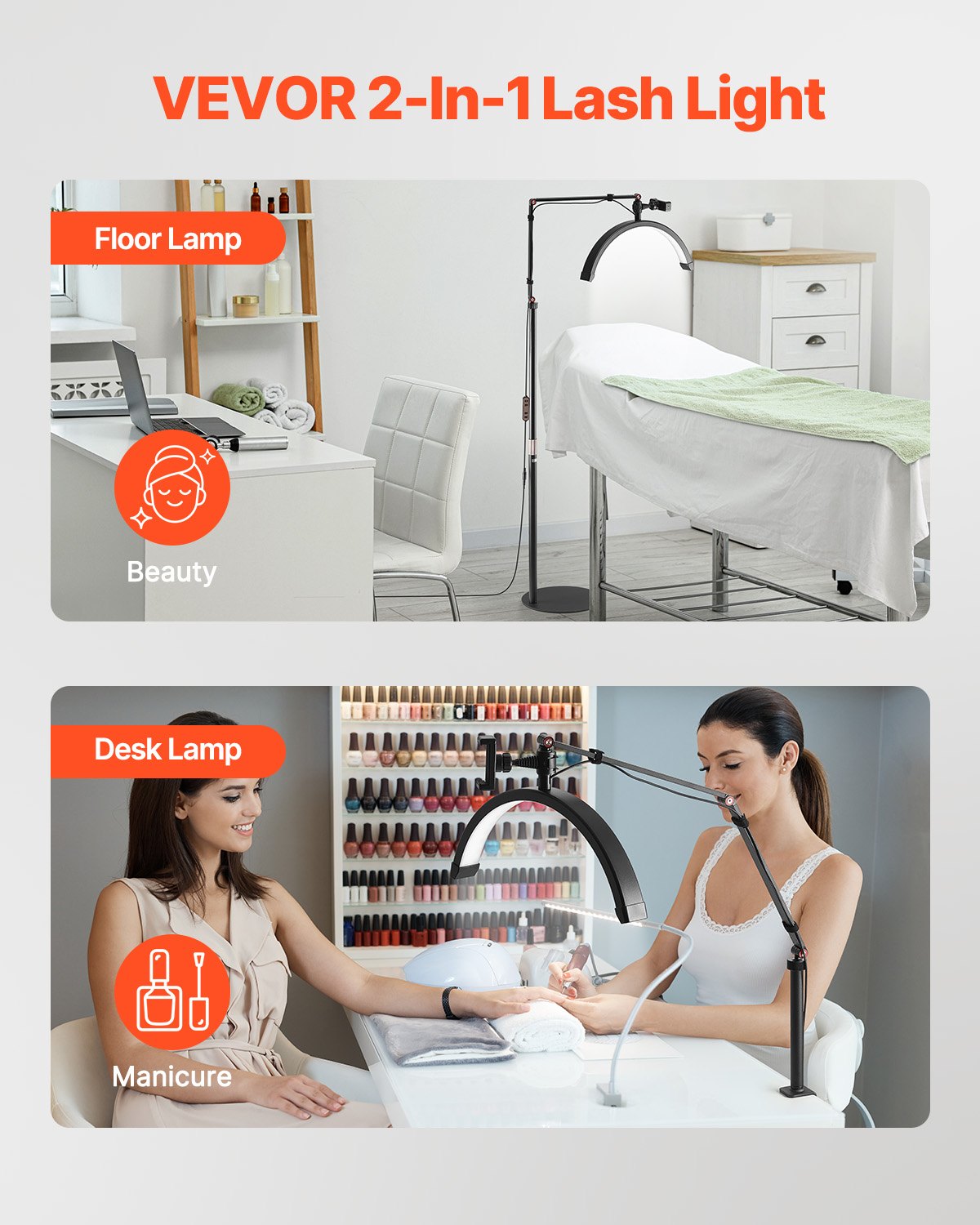 VEVOR Half Moon Light for Esthetician, 2 in 1 LED Floor and Desk Lamp Lash Light for Eyelash Extensions, Arched Eyelash Lamp with Phone Holder, Remote Control, for Beauty, Skincare, Eyebrows, Tattoo