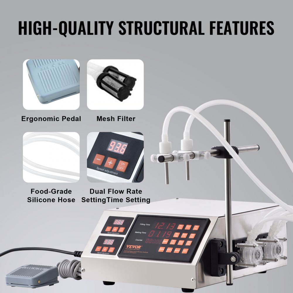 VEVOR Liquid Filling Machine, 5-650ml Filling Capacity, Automatic Bottle Filler Machine, Bottling Machine Peristaltic Pump Digital Control for Milk, Water, Wine, Beverage, Soy Sauce (Double Nozzle)