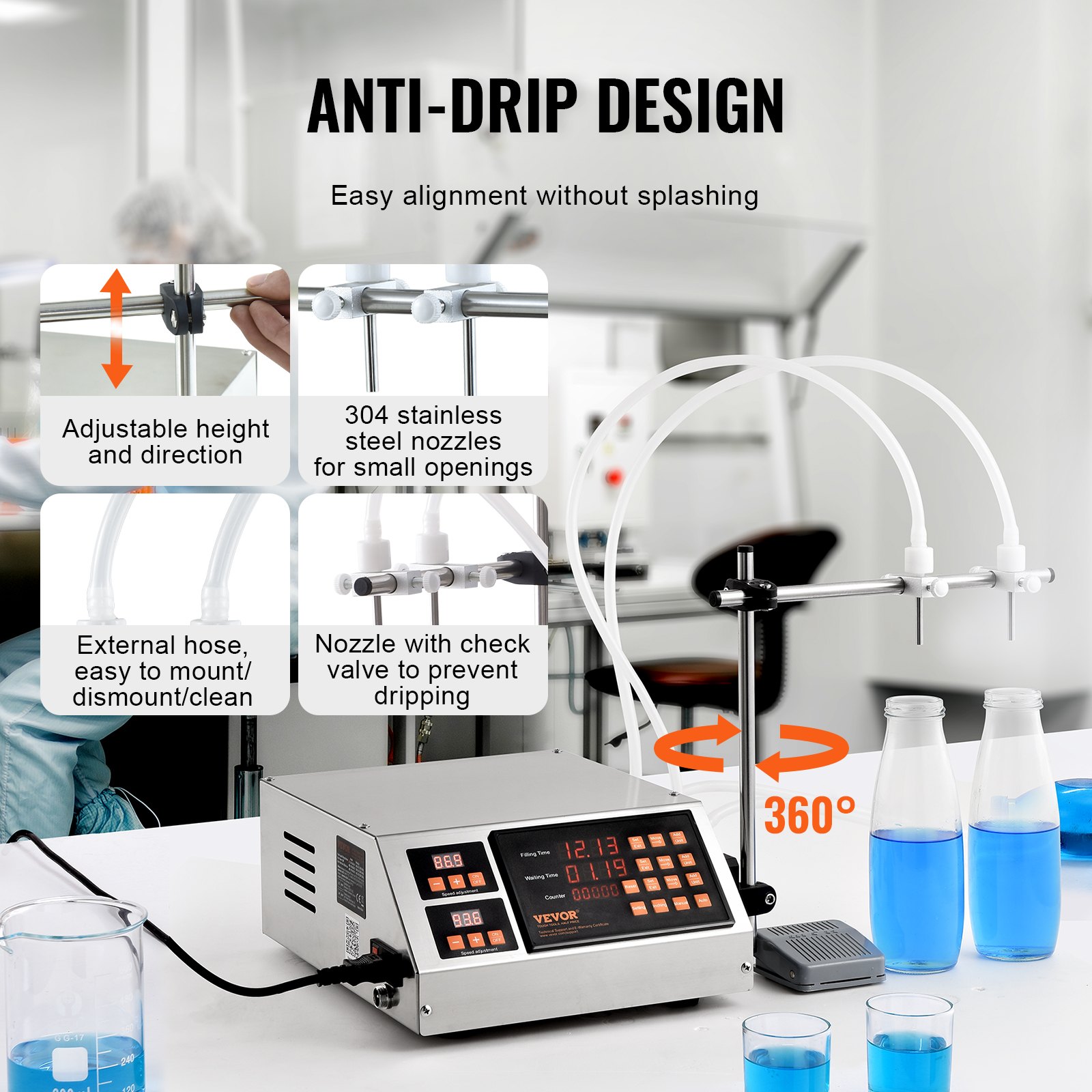 VEVOR Liquid Filling Machine, 5-650ml Filling Capacity, Automatic Bottle Filler Machine, Bottling Machine Peristaltic Pump Digital Control for Milk, Water, Wine, Beverage, Soy Sauce (Double Nozzle)