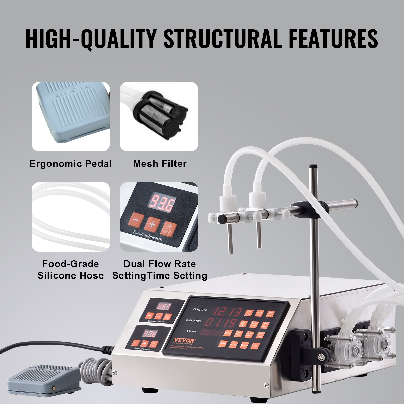 VEVOR Liquid Filling Machine, 5-650ml Filling Capacity, Automatic Bottle Filler Machine, Bottling Machine Peristaltic Pump Digital Control for Milk, Water, Wine, Beverage, Soy Sauce (Double Nozzle)