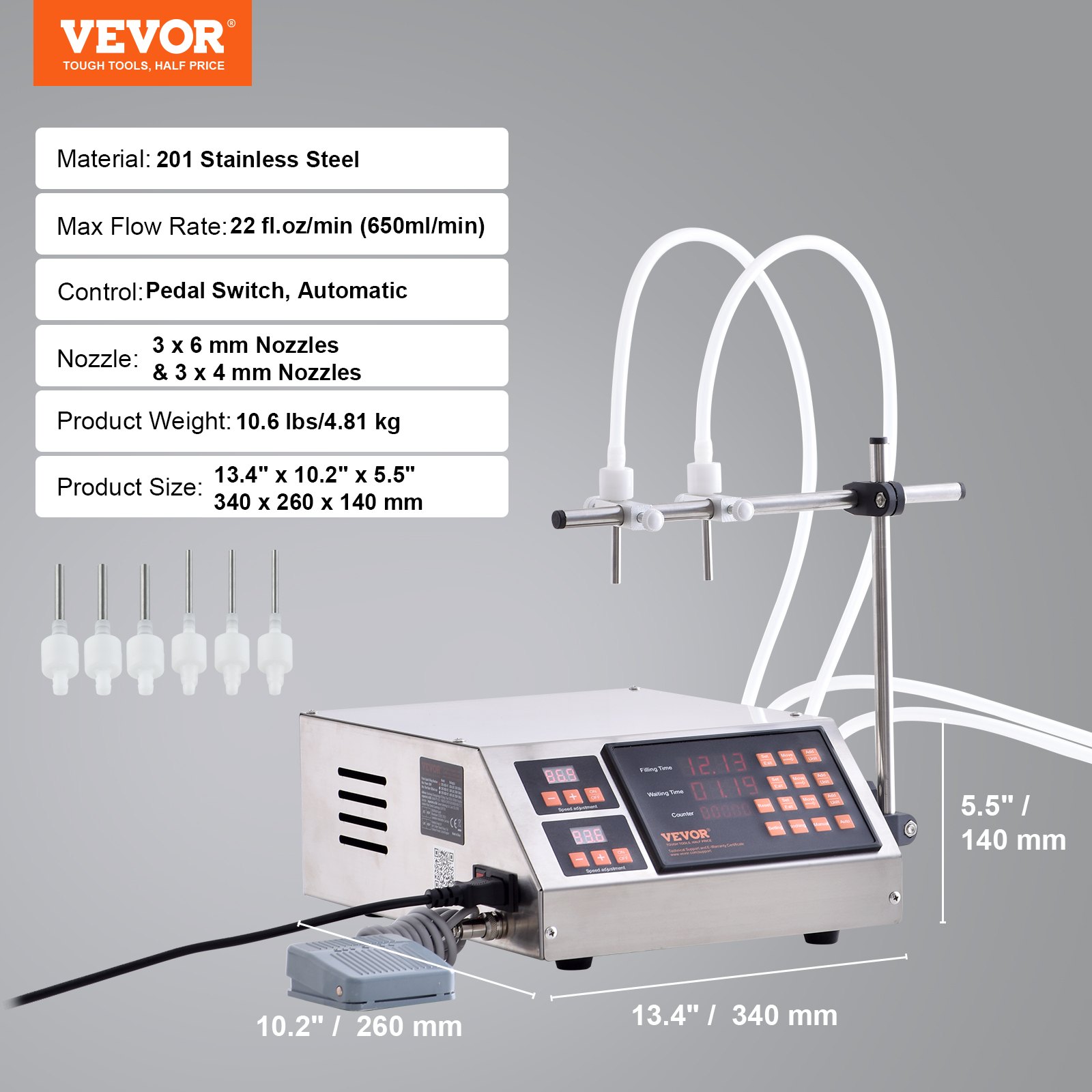 VEVOR Liquid Filling Machine, 5-650ml Filling Capacity, Automatic Bottle Filler Machine, Bottling Machine Peristaltic Pump Digital Control for Milk, Water, Wine, Beverage, Soy Sauce (Double Nozzle)