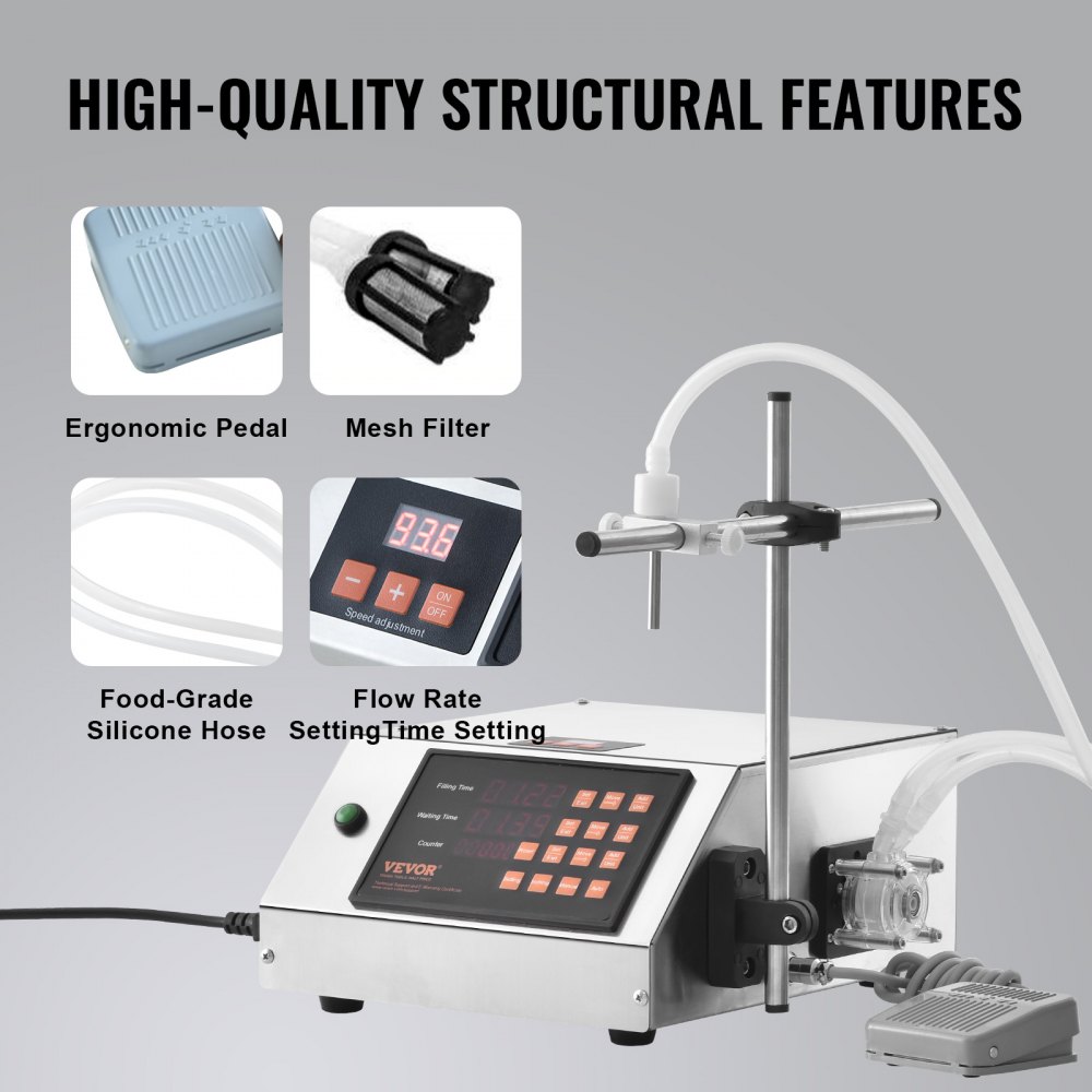 VEVOR Liquid Filling Machine, 5-650ml Filling Capacity, Automatic Bottle Filler Machine, Bottling Machine Peristaltic Pump Digital Control for Milk, Water, Wine, Beverage, Soy Sauce (Single Nozzle)